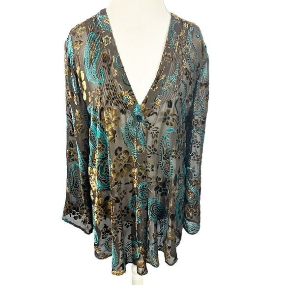 Chicos Burnout One Button Cardigan Brown & Blue Paisley Print Top Size 3 = XL - Picture 1 of 8
